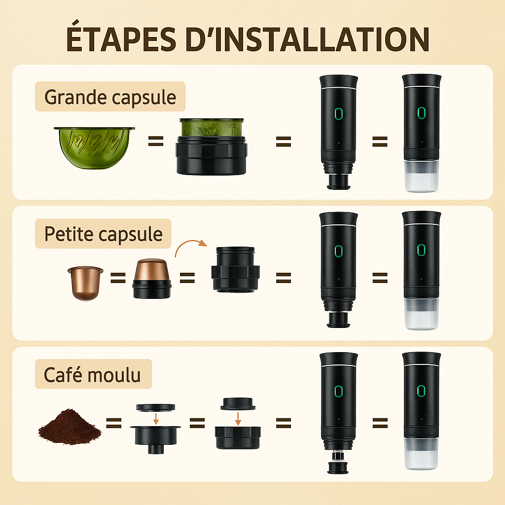 Cafetière portable électrique 3-en-1 – Capsules & Moulu, Chaud ou Froid
