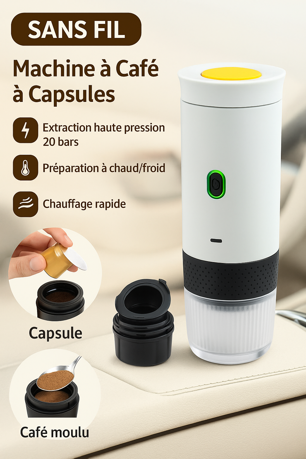 Cafetière portable électrique 3-en-1 – Capsules & Moulu, Chaud ou Froid